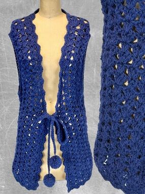 VINTAGE crochet sweater vest cardigan pompom tassel blue hippie festival 70s 60s